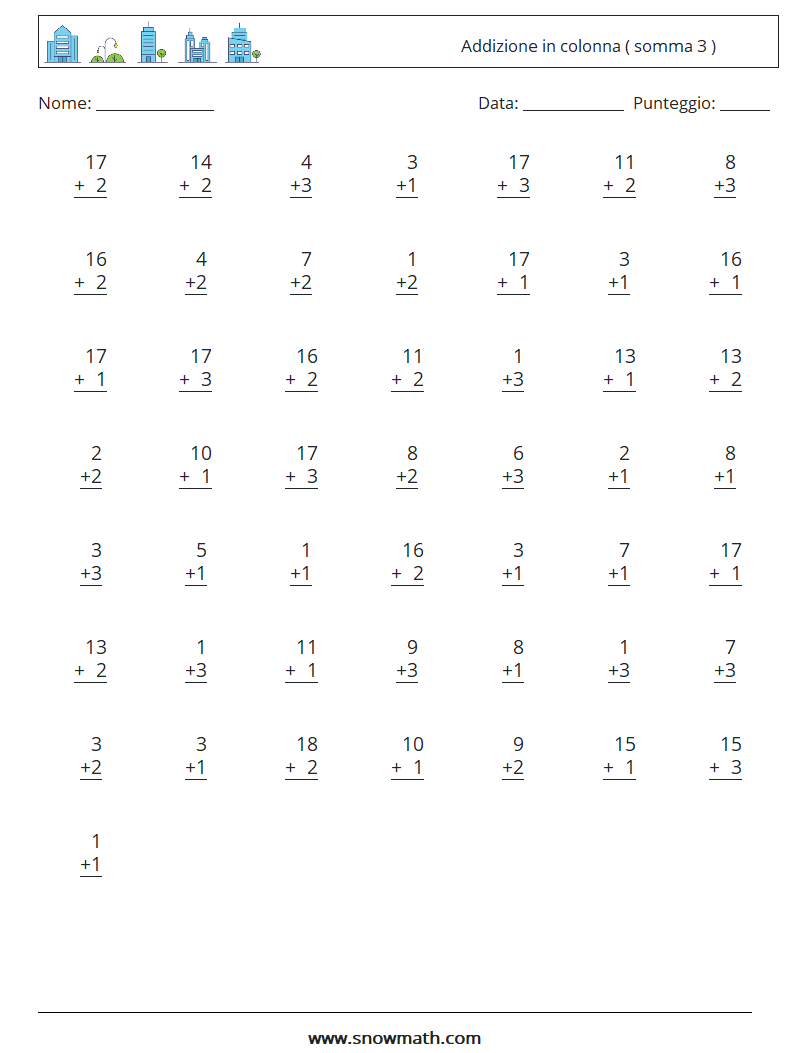 (50) Addizione in colonna ( somma 3 ) Fogli di lavoro di matematica 17