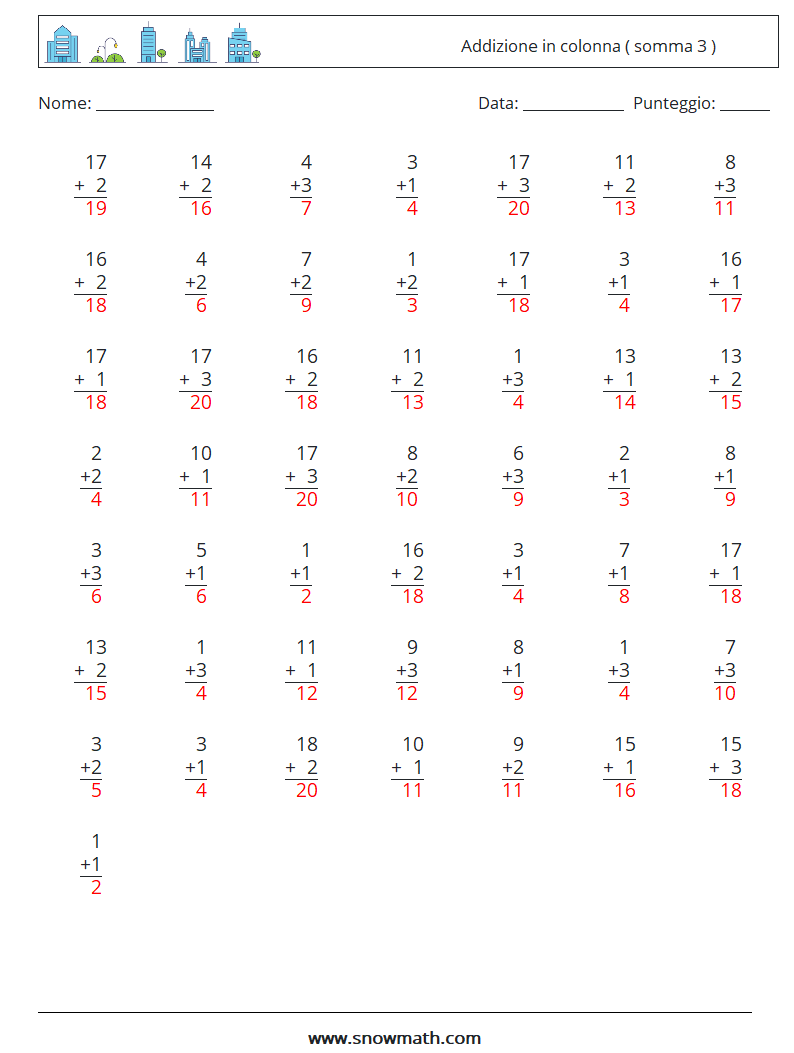 (50) Addizione in colonna ( somma 3 ) Fogli di lavoro di matematica 17 Domanda, Risposta