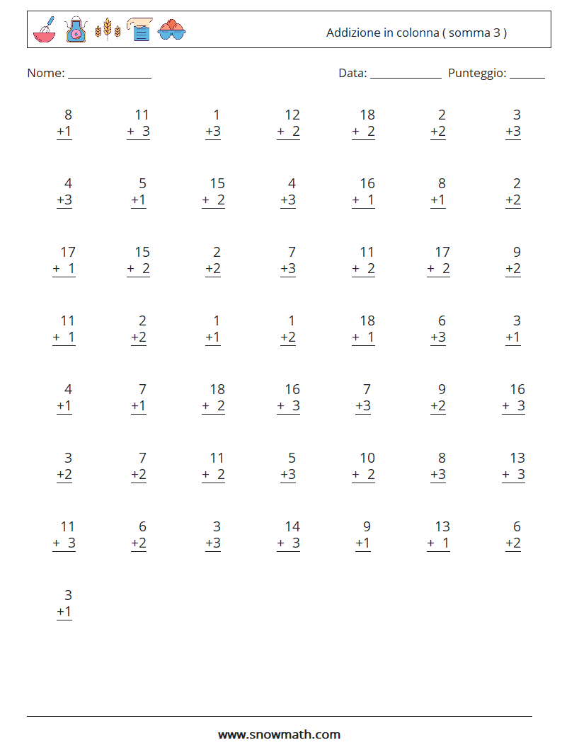 (50) Addizione in colonna ( somma 3 ) Fogli di lavoro di matematica 2