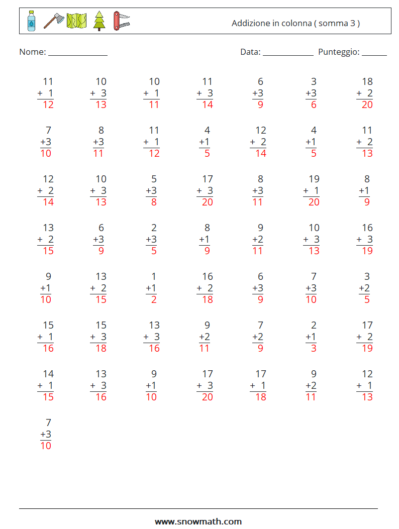 (50) Addizione in colonna ( somma 3 ) Fogli di lavoro di matematica 7 Domanda, Risposta