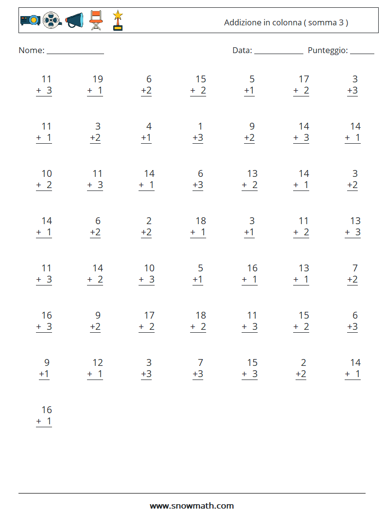 (50) Addizione in colonna ( somma 3 ) Fogli di lavoro di matematica 8