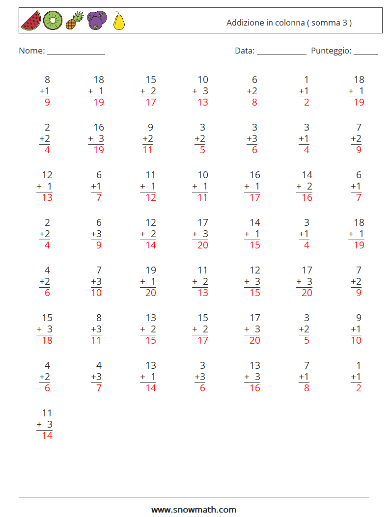 (50) Addizione in colonna ( somma 3 ) Fogli di lavoro di matematica 9 Domanda, Risposta