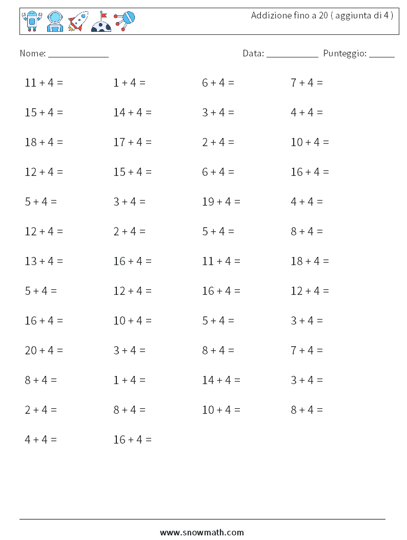 (50) Addizione fino a 20 ( aggiunta di 4 ) Fogli di lavoro di matematica 5
