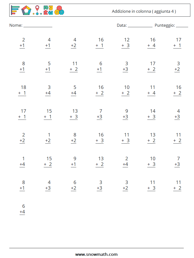 (50) Addizione in colonna ( aggiunta 4 ) Fogli di lavoro di matematica 12