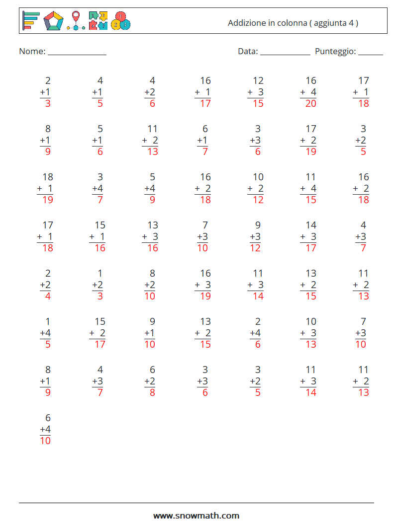 (50) Addizione in colonna ( aggiunta 4 ) Fogli di lavoro di matematica 12 Domanda, Risposta