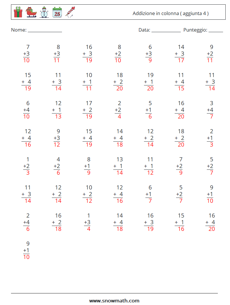 (50) Addizione in colonna ( aggiunta 4 ) Fogli di lavoro di matematica 17 Domanda, Risposta