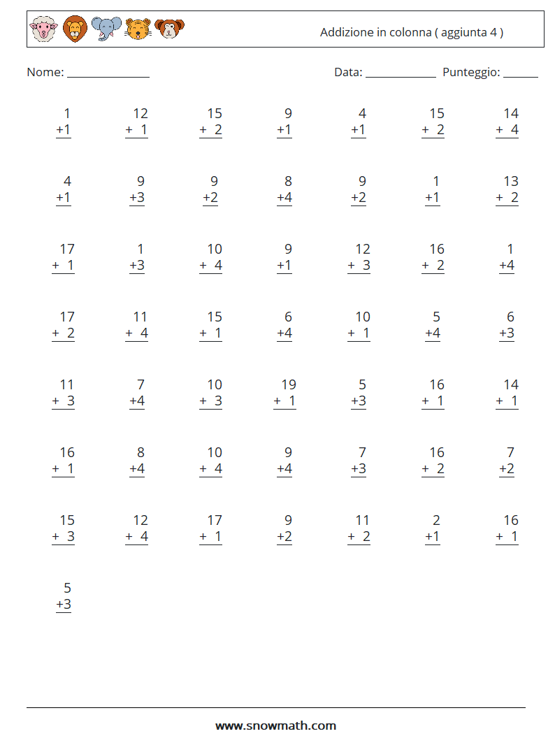 (50) Addizione in colonna ( aggiunta 4 ) Fogli di lavoro di matematica 3