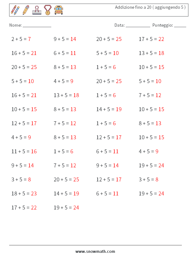 (50) Addizione fino a 20 ( aggiungendo 5 ) Fogli di lavoro di matematica 6 Domanda, Risposta