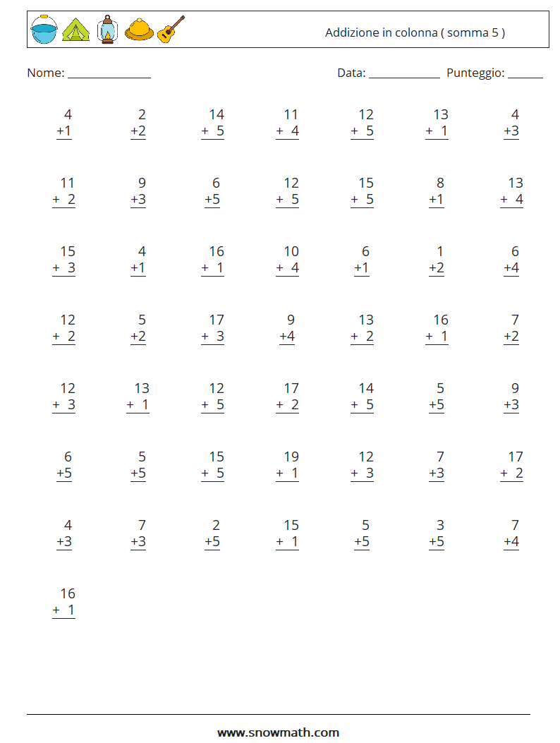 (50) Addizione in colonna ( somma 5 ) Fogli di lavoro di matematica 10