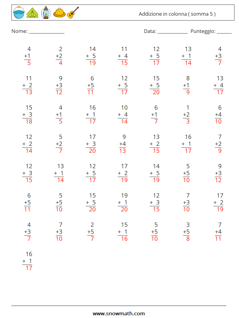 (50) Addizione in colonna ( somma 5 ) Fogli di lavoro di matematica 10 Domanda, Risposta