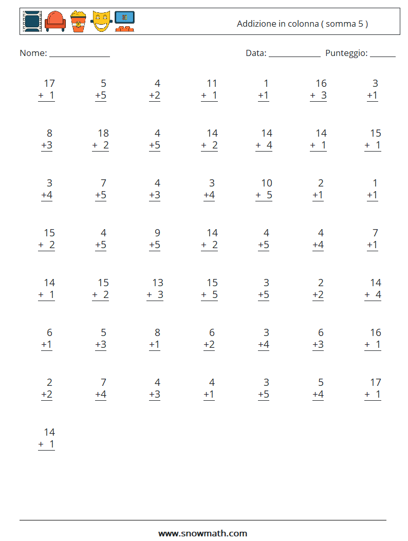 (50) Addizione in colonna ( somma 5 ) Fogli di lavoro di matematica 11