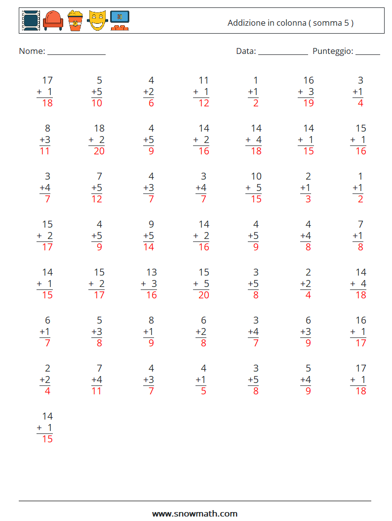 (50) Addizione in colonna ( somma 5 ) Fogli di lavoro di matematica 11 Domanda, Risposta