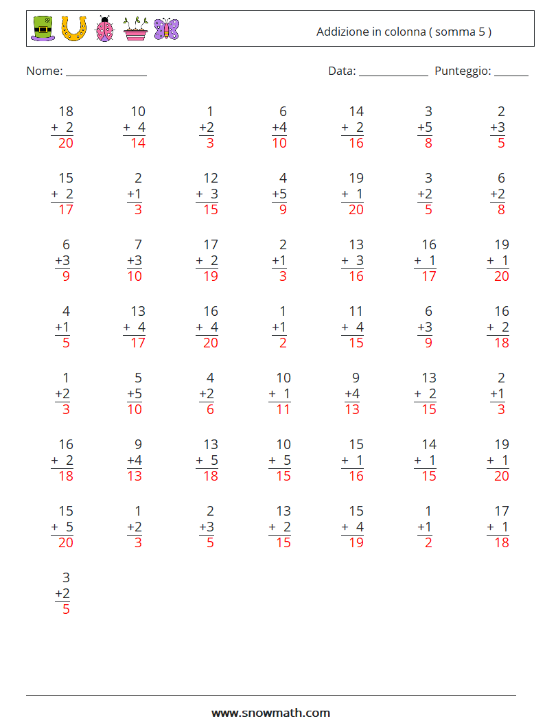 (50) Addizione in colonna ( somma 5 ) Fogli di lavoro di matematica 12 Domanda, Risposta