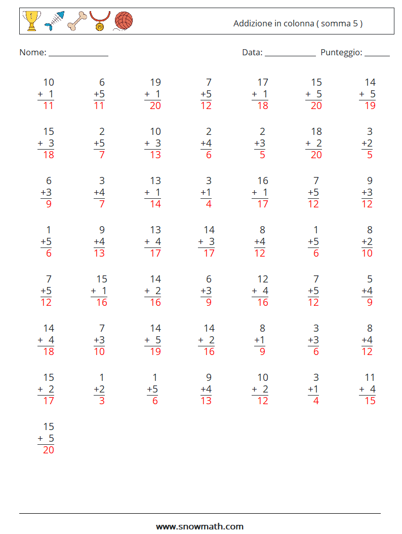 (50) Addizione in colonna ( somma 5 ) Fogli di lavoro di matematica 13 Domanda, Risposta