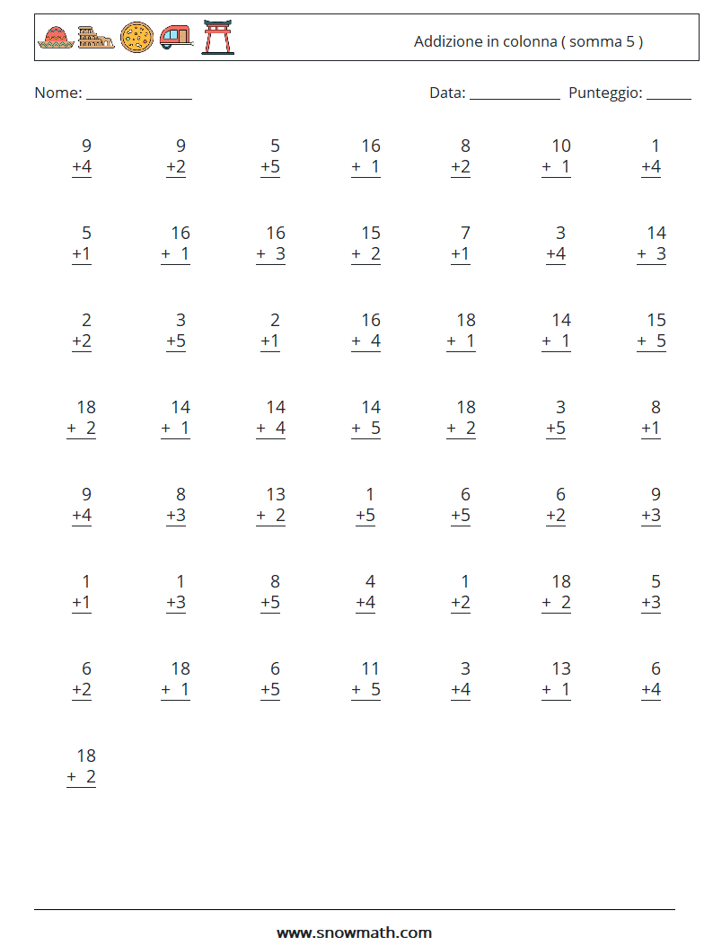 (50) Addizione in colonna ( somma 5 ) Fogli di lavoro di matematica 14