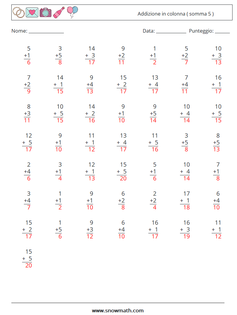 (50) Addizione in colonna ( somma 5 ) Fogli di lavoro di matematica 15 Domanda, Risposta