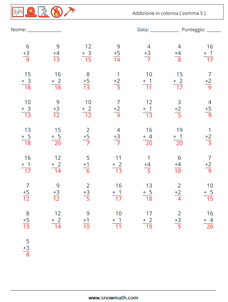 (50) Addizione in colonna ( somma 5 ) Fogli di lavoro di matematica 16 Domanda, Risposta