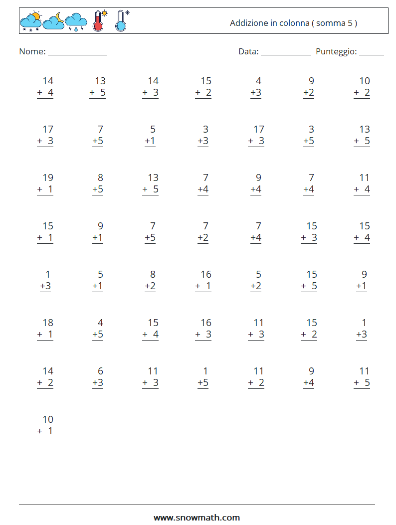 (50) Addizione in colonna ( somma 5 ) Fogli di lavoro di matematica 17