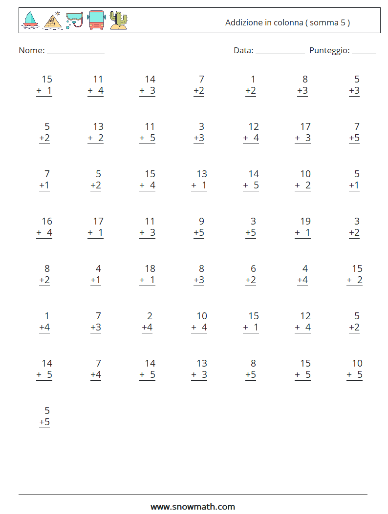 (50) Addizione in colonna ( somma 5 ) Fogli di lavoro di matematica 18