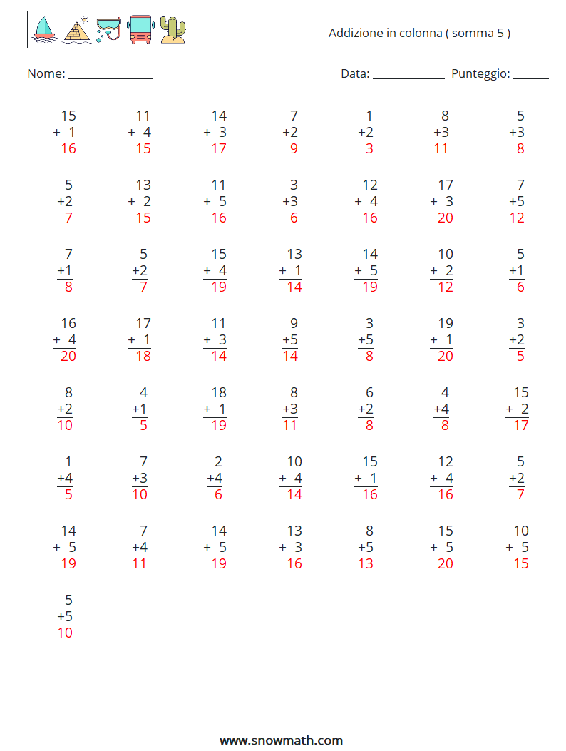 (50) Addizione in colonna ( somma 5 ) Fogli di lavoro di matematica 18 Domanda, Risposta