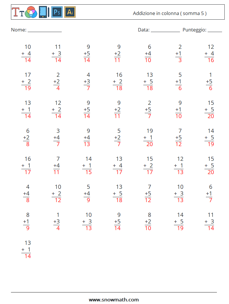 (50) Addizione in colonna ( somma 5 ) Fogli di lavoro di matematica 1 Domanda, Risposta