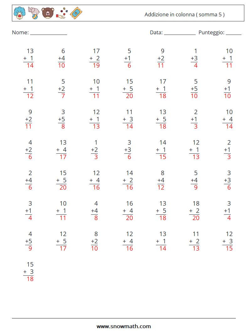 (50) Addizione in colonna ( somma 5 ) Fogli di lavoro di matematica 2 Domanda, Risposta