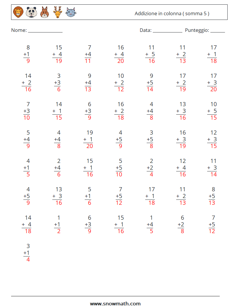 (50) Addizione in colonna ( somma 5 ) Fogli di lavoro di matematica 4 Domanda, Risposta