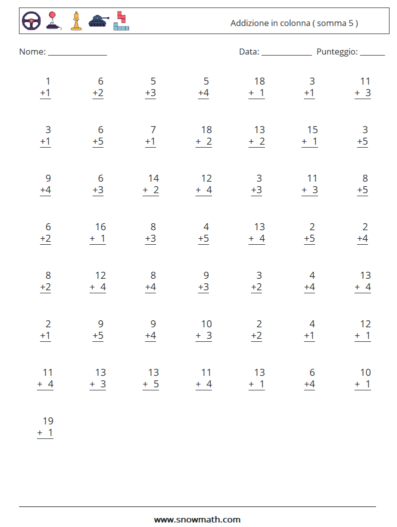 (50) Addizione in colonna ( somma 5 ) Fogli di lavoro di matematica 5