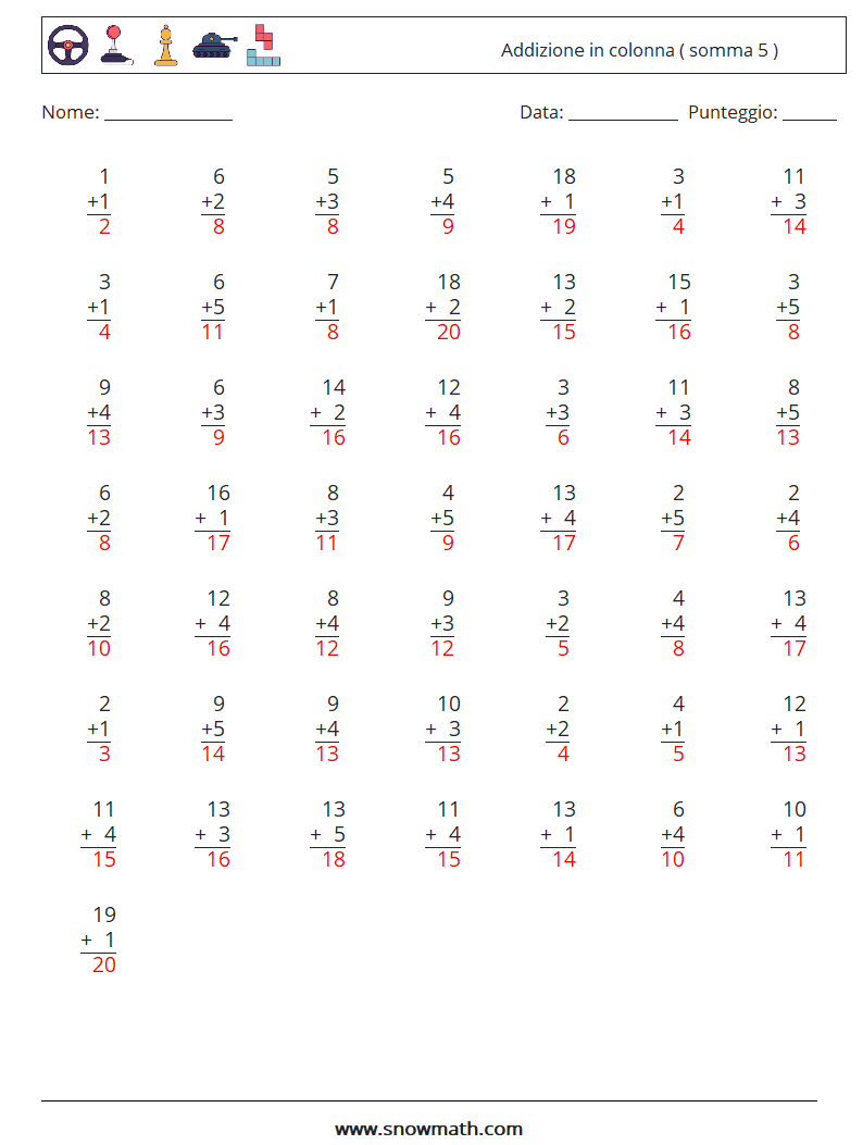 (50) Addizione in colonna ( somma 5 ) Fogli di lavoro di matematica 5 Domanda, Risposta