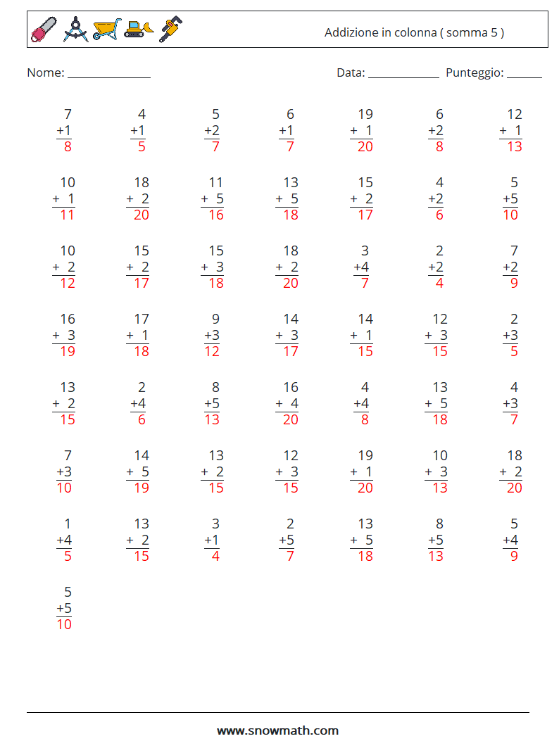 (50) Addizione in colonna ( somma 5 ) Fogli di lavoro di matematica 7 Domanda, Risposta