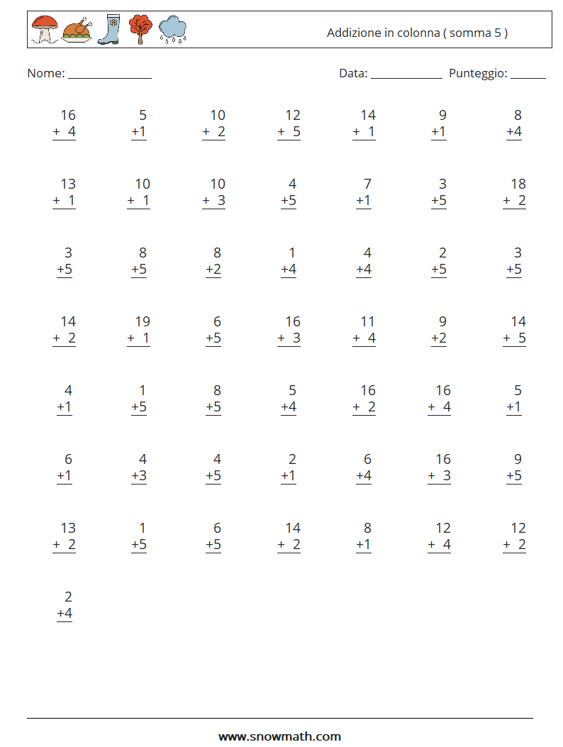 (50) Addizione in colonna ( somma 5 ) Fogli di lavoro di matematica 8