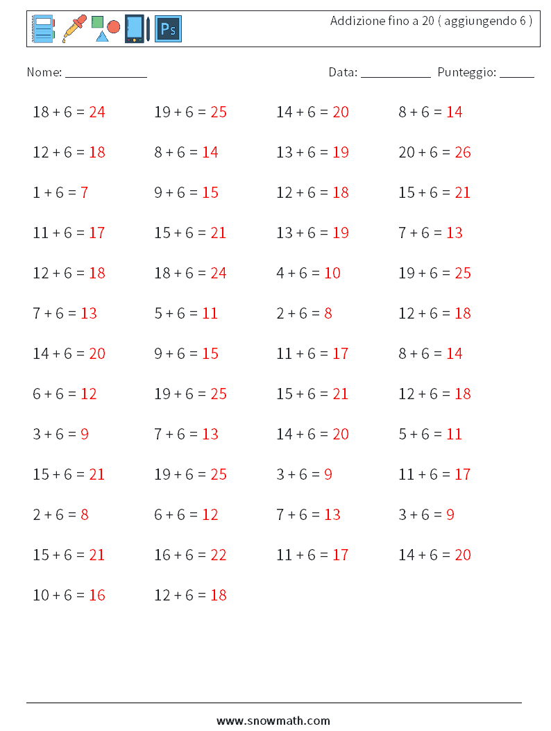 (50) Addizione fino a 20 ( aggiungendo 6 ) Fogli di lavoro di matematica 8 Domanda, Risposta