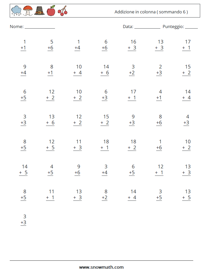 (50) Addizione in colonna ( sommando 6 ) Fogli di lavoro di matematica 10