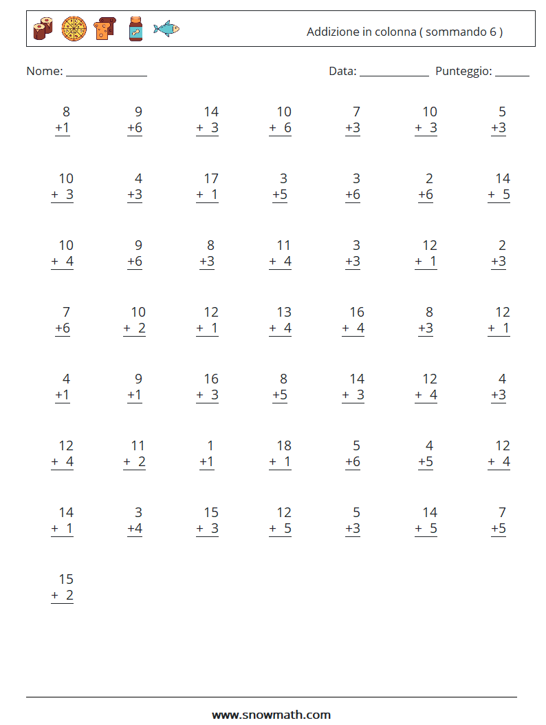 (50) Addizione in colonna ( sommando 6 ) Fogli di lavoro di matematica 11