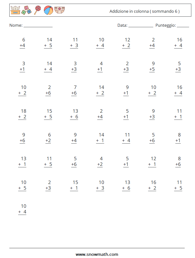 (50) Addizione in colonna ( sommando 6 ) Fogli di lavoro di matematica 12