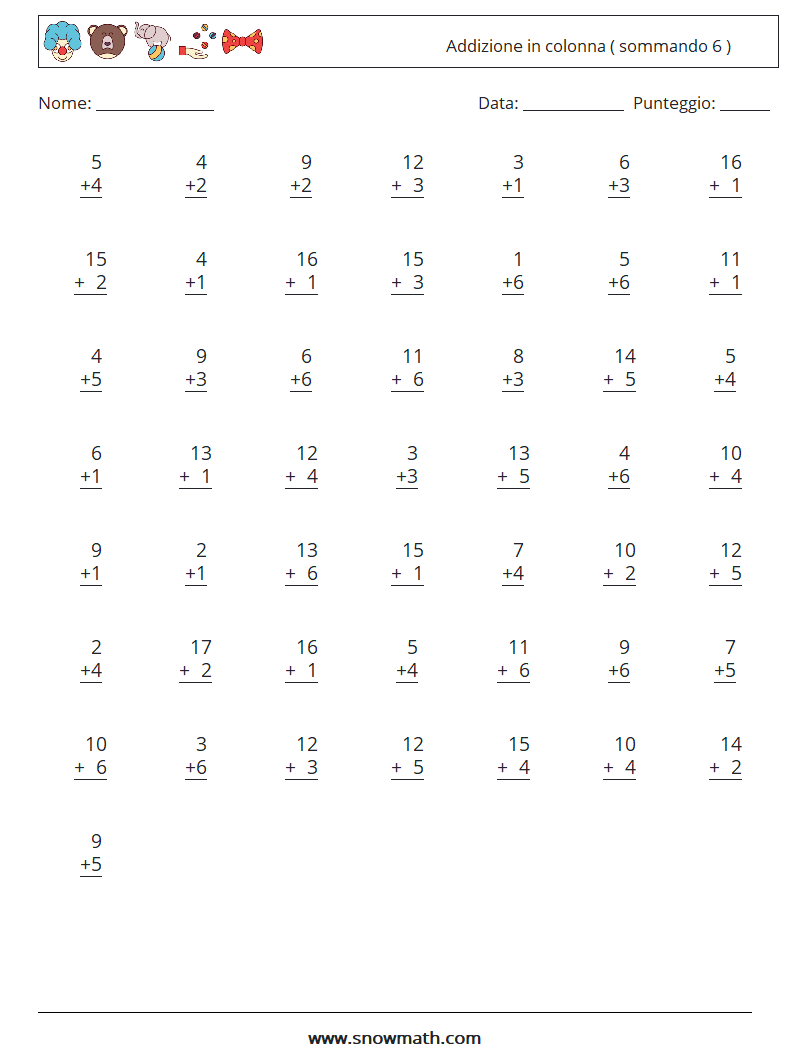 (50) Addizione in colonna ( sommando 6 ) Fogli di lavoro di matematica 13