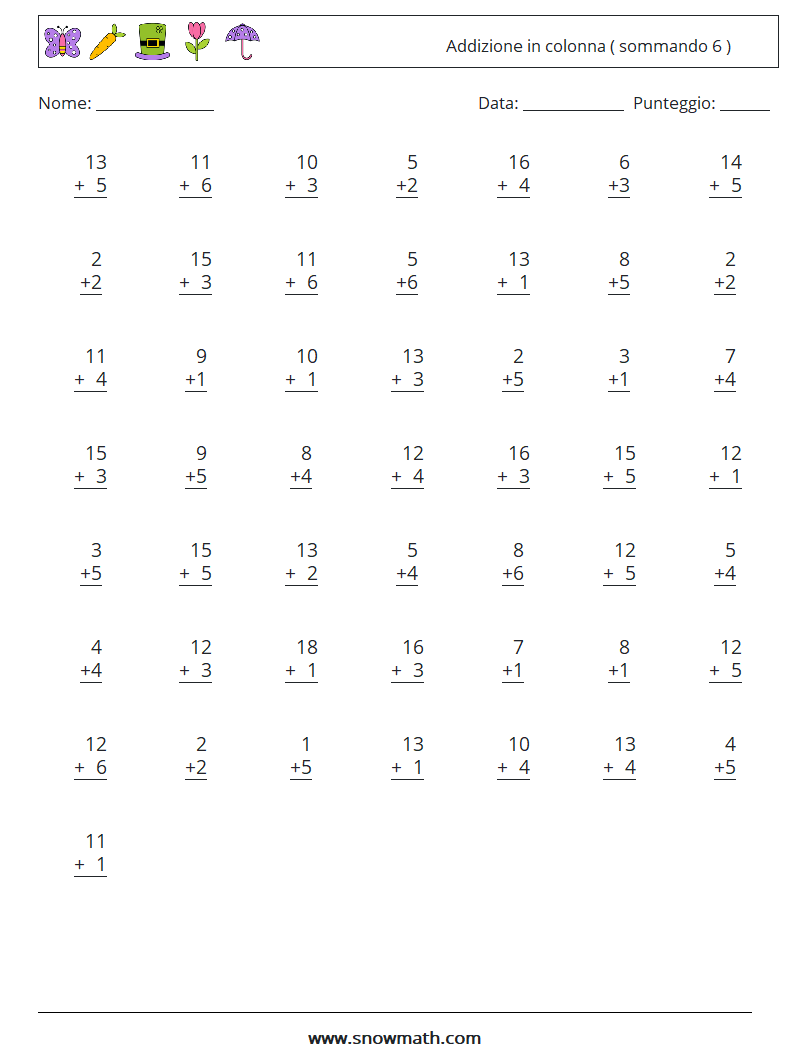 (50) Addizione in colonna ( sommando 6 ) Fogli di lavoro di matematica 16