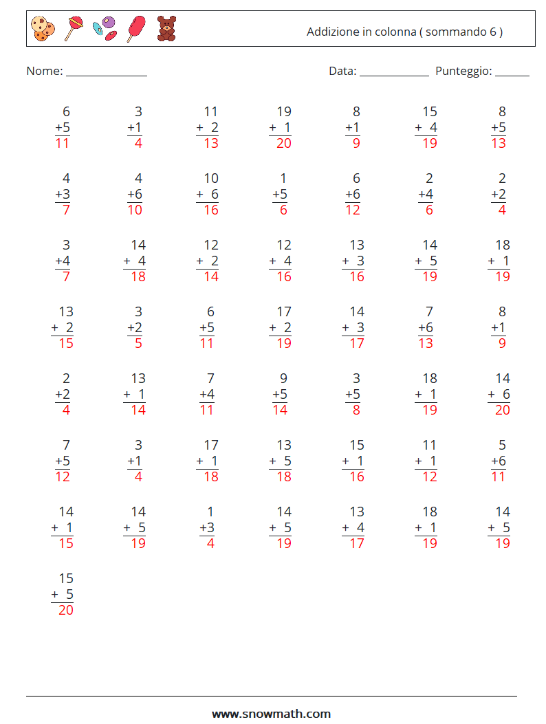 (50) Addizione in colonna ( sommando 6 ) Fogli di lavoro di matematica 17 Domanda, Risposta