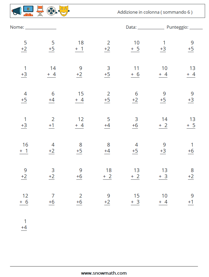 (50) Addizione in colonna ( sommando 6 ) Fogli di lavoro di matematica 18