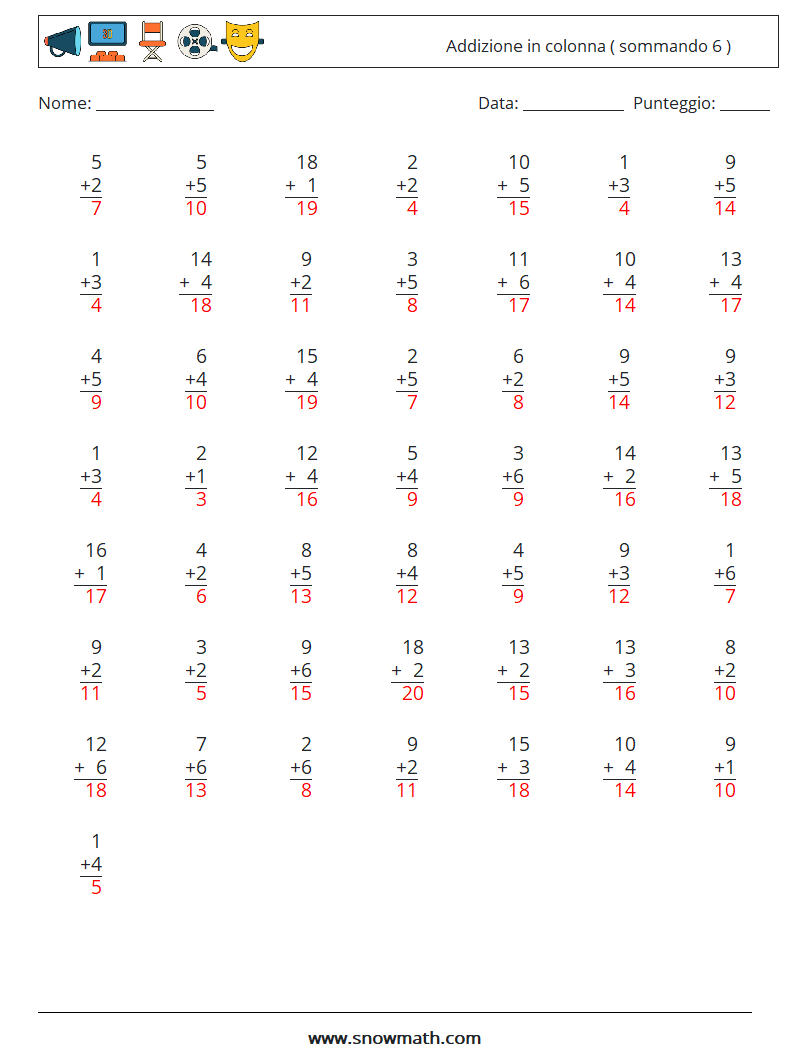 (50) Addizione in colonna ( sommando 6 ) Fogli di lavoro di matematica 18 Domanda, Risposta