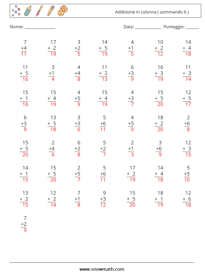 (50) Addizione in colonna ( sommando 6 ) Fogli di lavoro di matematica 1 Domanda, Risposta