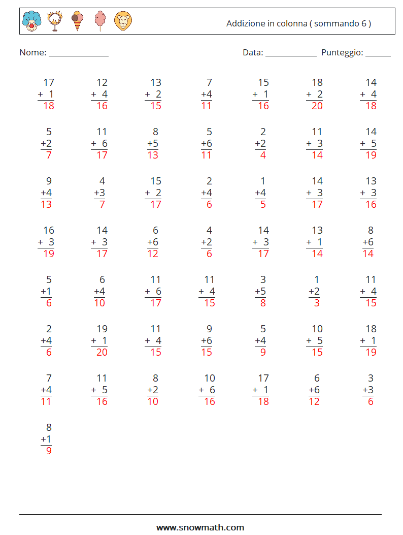 (50) Addizione in colonna ( sommando 6 ) Fogli di lavoro di matematica 4 Domanda, Risposta