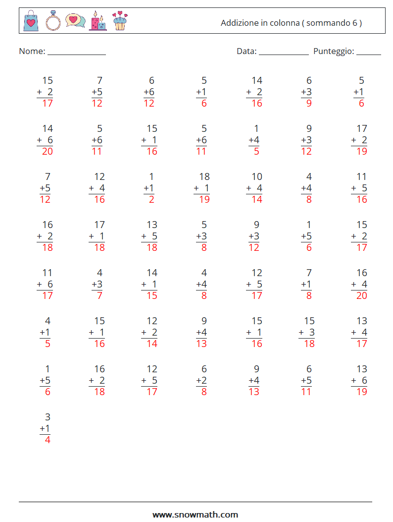 (50) Addizione in colonna ( sommando 6 ) Fogli di lavoro di matematica 5 Domanda, Risposta