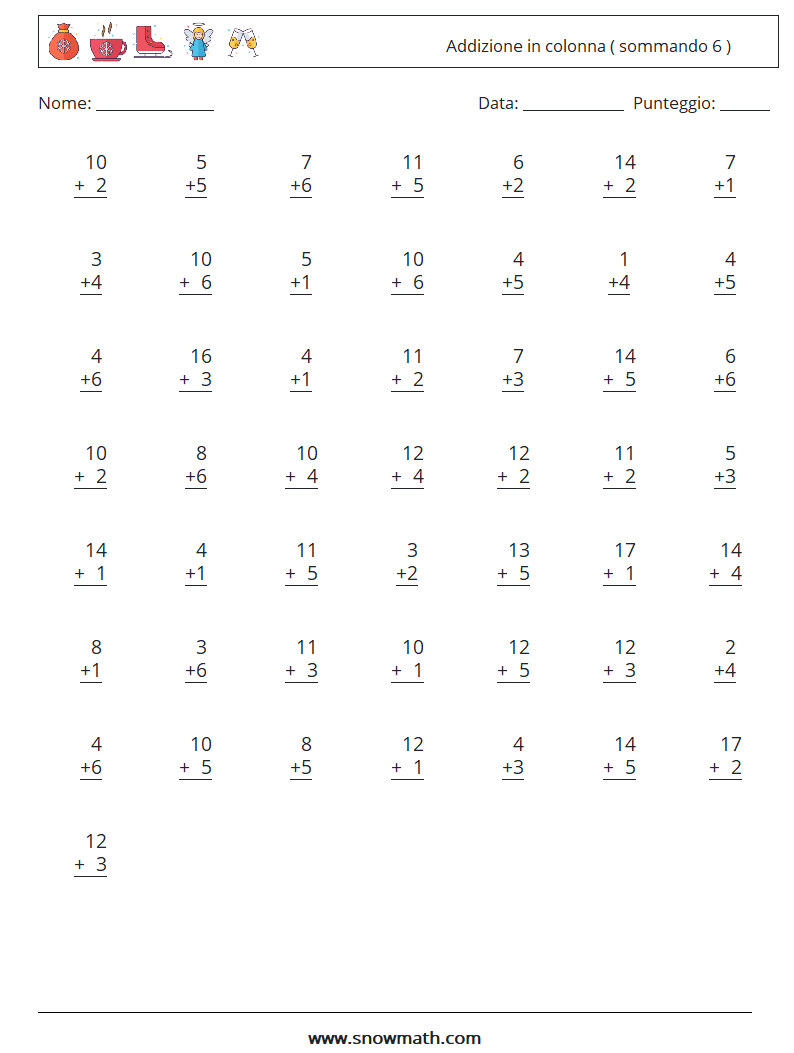 (50) Addizione in colonna ( sommando 6 ) Fogli di lavoro di matematica 7