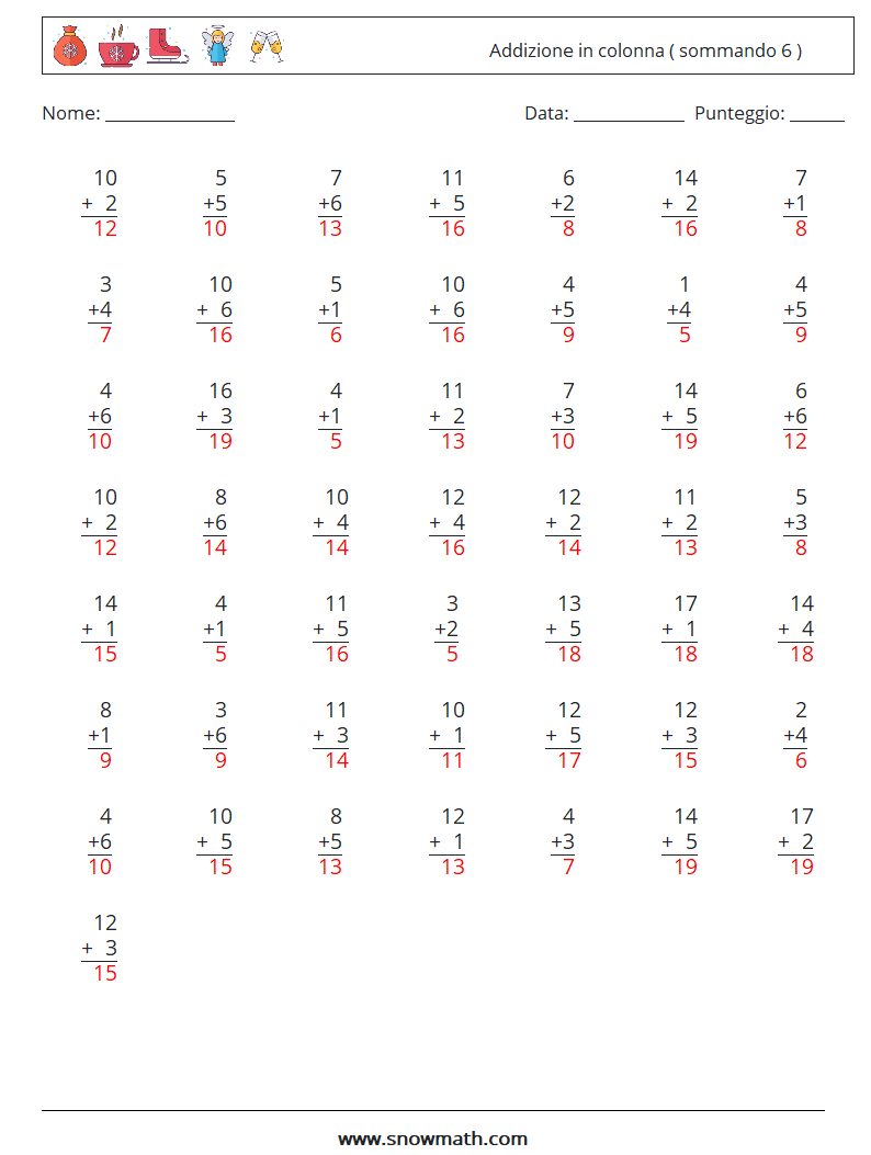 (50) Addizione in colonna ( sommando 6 ) Fogli di lavoro di matematica 7 Domanda, Risposta