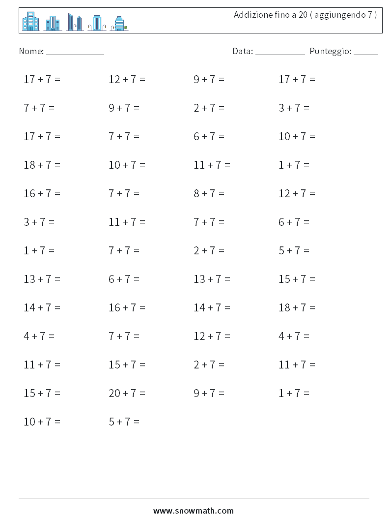 (50) Addizione fino a 20 ( aggiungendo 7 ) Fogli di lavoro di matematica 3
