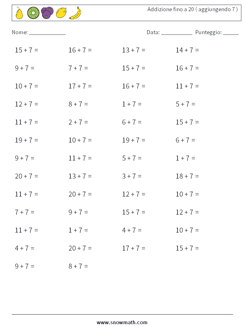 (50) Addizione fino a 20 ( aggiungendo 7 ) Fogli di lavoro di matematica 4