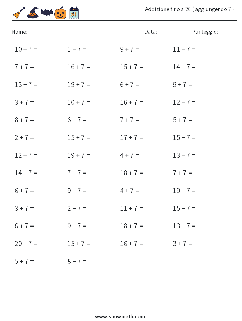 (50) Addizione fino a 20 ( aggiungendo 7 ) Fogli di lavoro di matematica 5