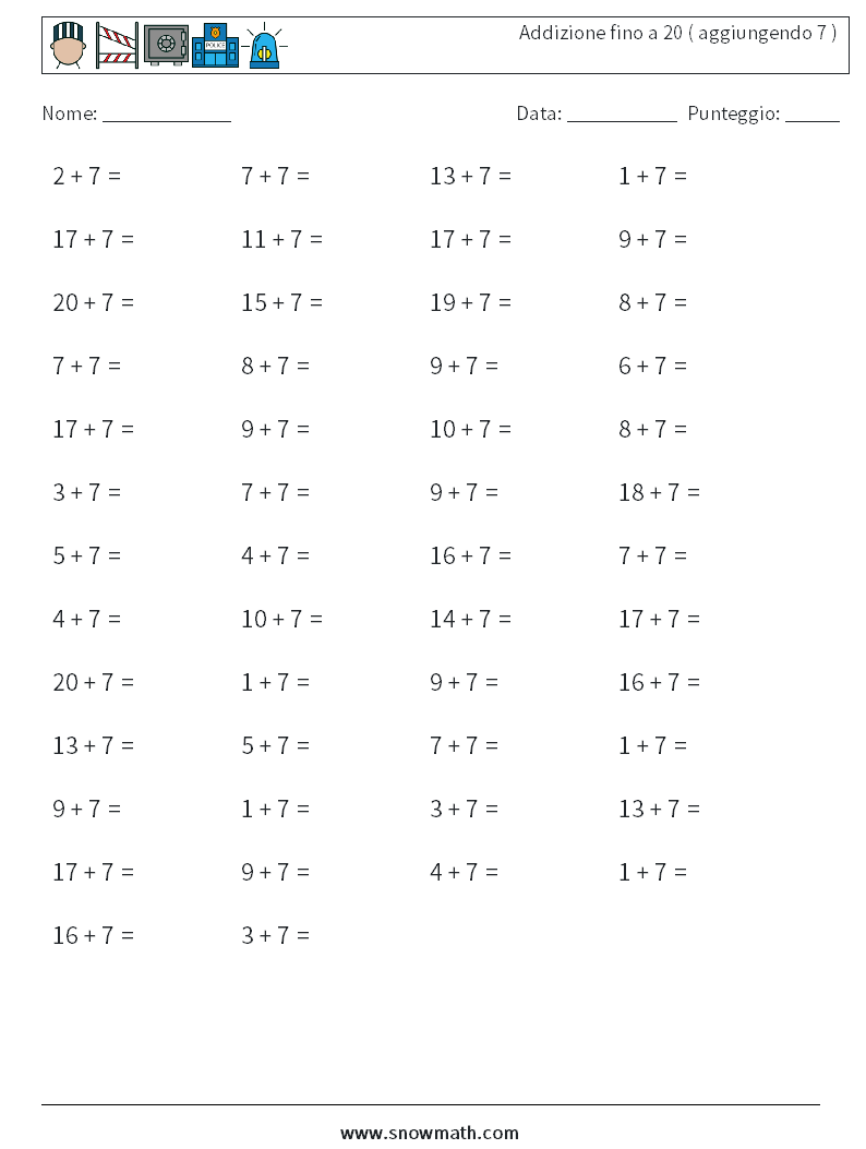 (50) Addizione fino a 20 ( aggiungendo 7 ) Fogli di lavoro di matematica 6