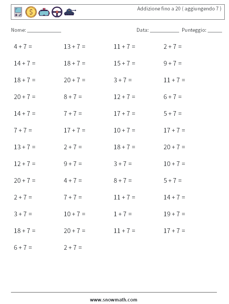 (50) Addizione fino a 20 ( aggiungendo 7 ) Fogli di lavoro di matematica 7